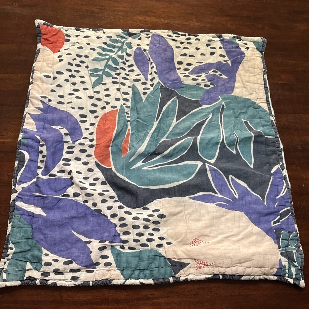 Anthropologie Pillow Sham EURO Quilted Melbourne Tropical Print Blue AS IS